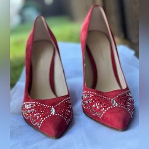 💋Red Suede Heels, Bling Rhinestone, size 6